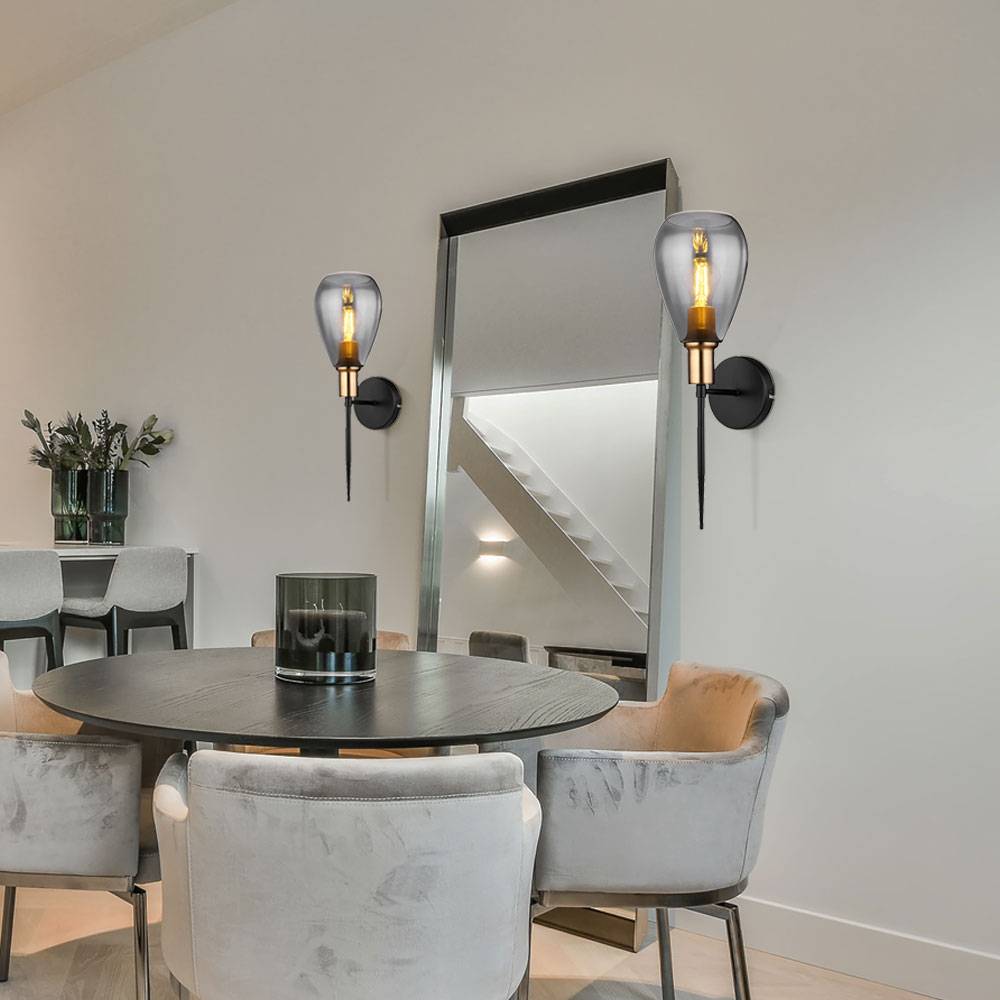 Wandlampe Lampenschirm Rauchglas Wohnzimmer Wandfackel Wandlampe schwarz Retro, Metall schwarz Glas, 1x E27 Fassung, HxBxÜ 48x15x19cm