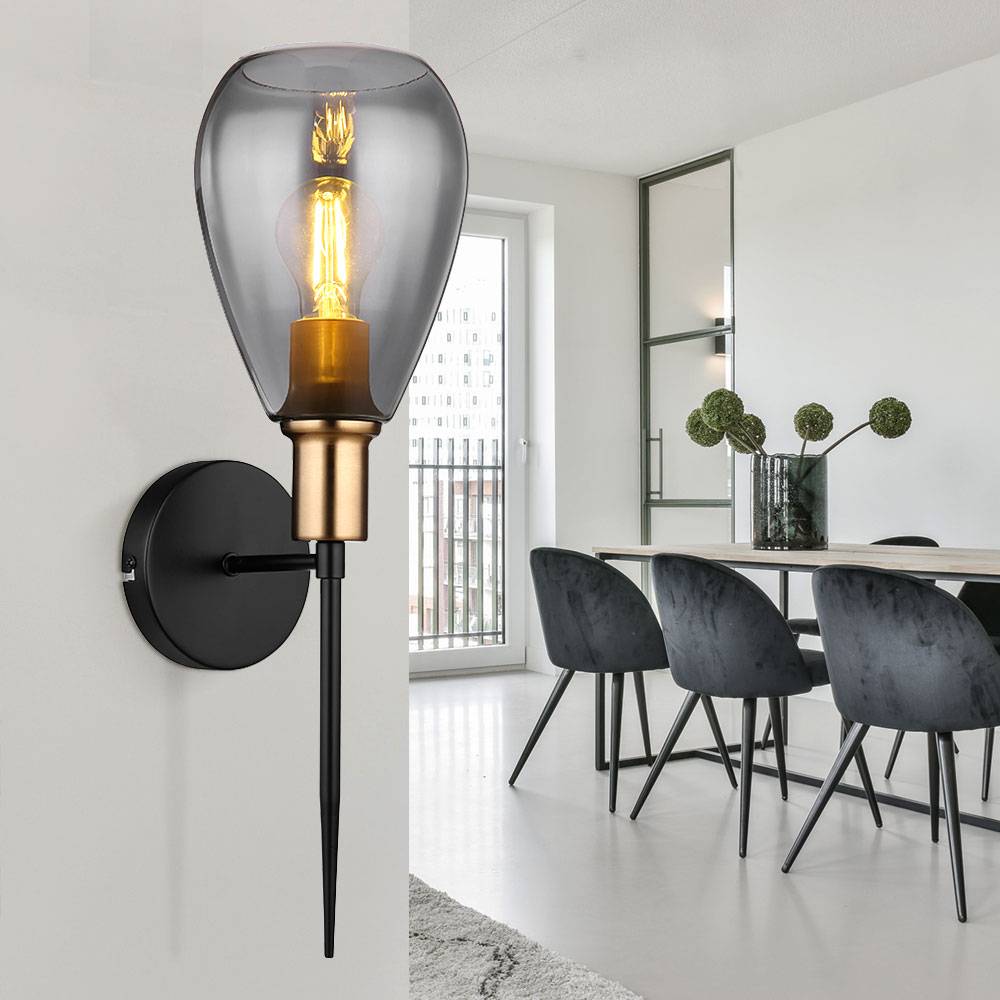 Wandlampe Lampenschirm Rauchglas Wohnzimmer Wandfackel Wandlampe schwarz Retro, Metall schwarz Glas, 1x E27 Fassung, HxBxÜ 48x15x19cm