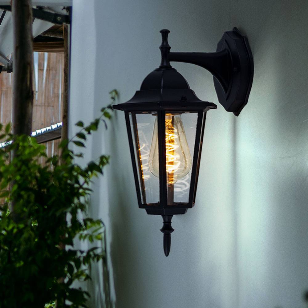 Wandleuchte Aussen Laterne Wandlaterne Hoflampe schwarz Fassadenleuchte Außenlampe, Glas klar, 1x E27, TxBxH 20,8x17x36 cm