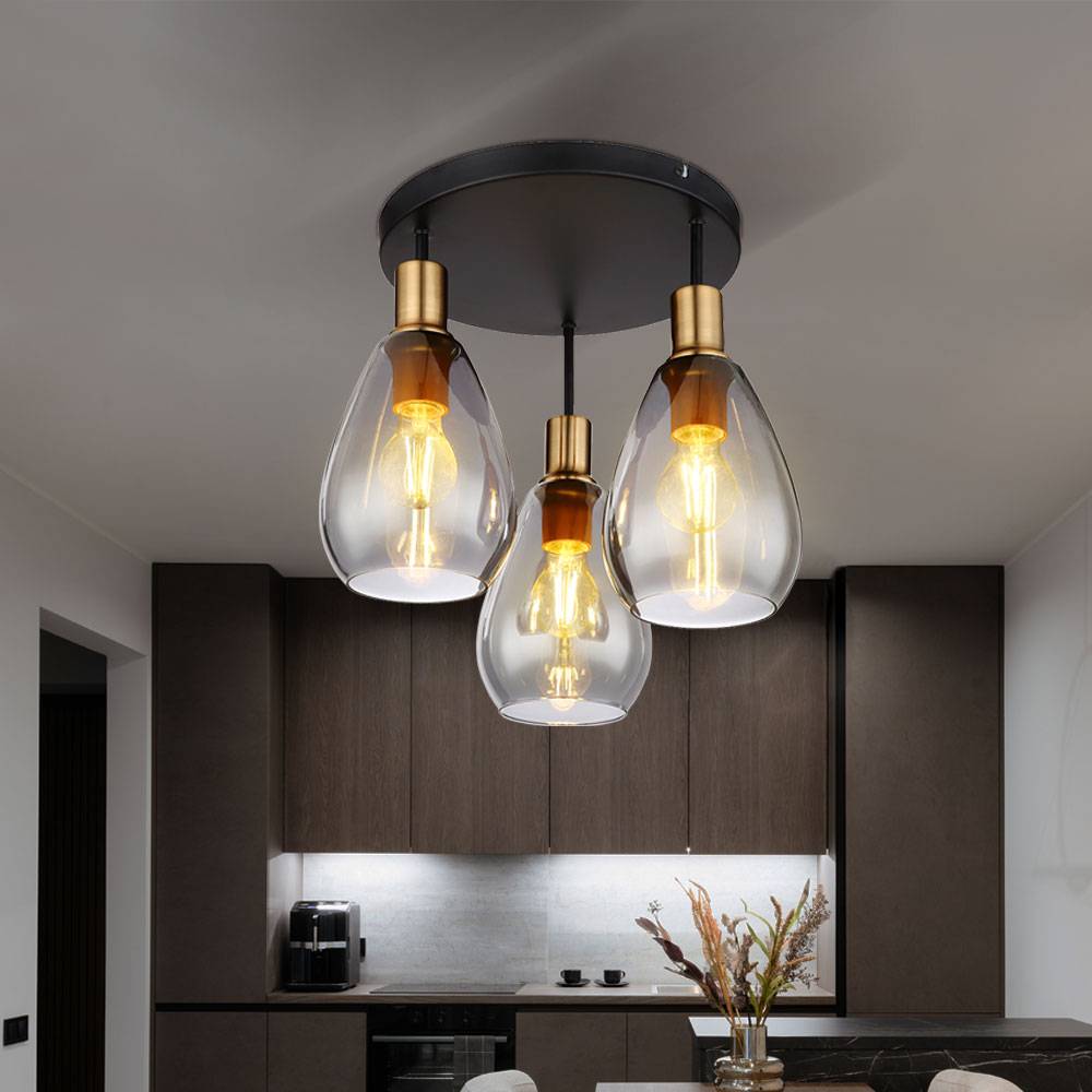Deckenlampe Esstischlampe Deckenleuchte Wohnzimmerlampe, 3 flammig Retro, Rauchglas Metall schwarz messing, Fassungen 3x E27 DxH 38x38 cm
