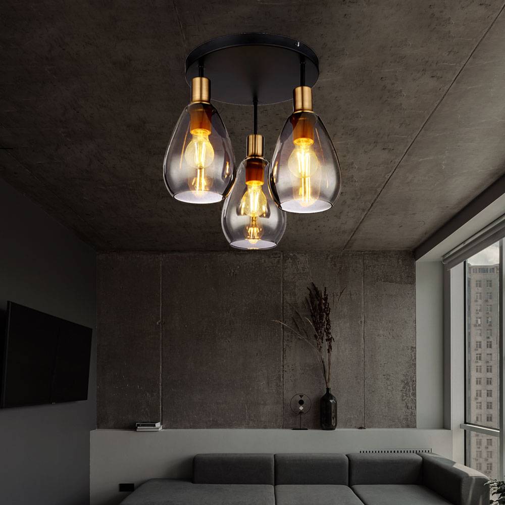 Deckenlampe Esstischlampe Deckenleuchte Wohnzimmerlampe, 3 flammig Retro, Rauchglas Metall schwarz messing, Fassungen 3x E27 DxH 38x38 cm