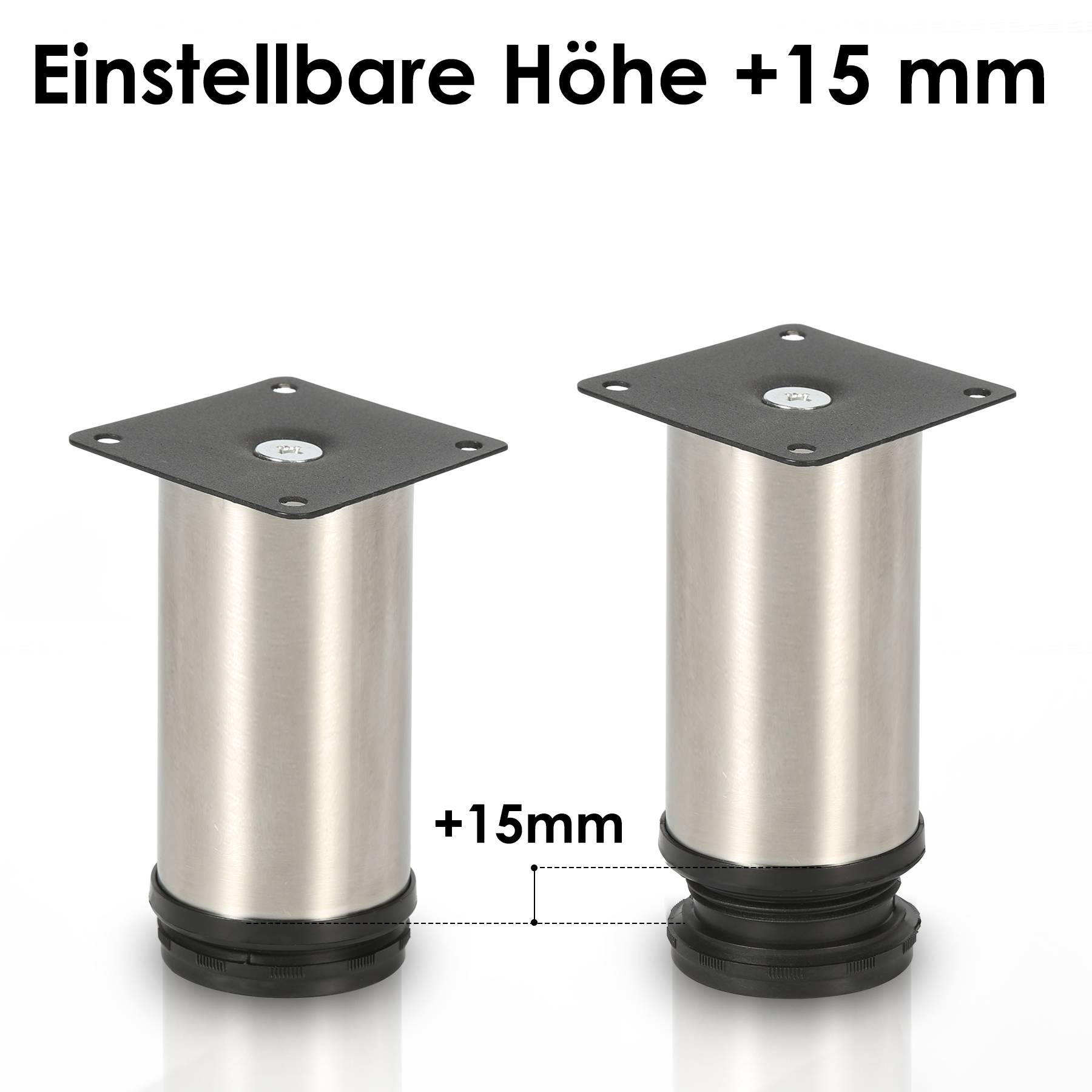 4er Set Möbelfüße Tischbeine Sockelfuß Tischfuß Möbel Edelstahl，Höhe: 50 mm; Durchmesser: 40 mm; Höhenverstellung: + 15 mm