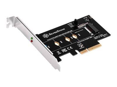 PCIe-Erweiterungskarte mit silbernem Halterungsblech und zwei Status-LEDs, dargestellt auf weißem Hintergrund.