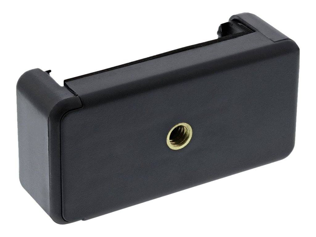 Schwarzer rechteckiger Telefonhalter-Adapter mit zentraler Gewindemetalleinlage zum Befestigen an einem Stativ oder einer Halterung.