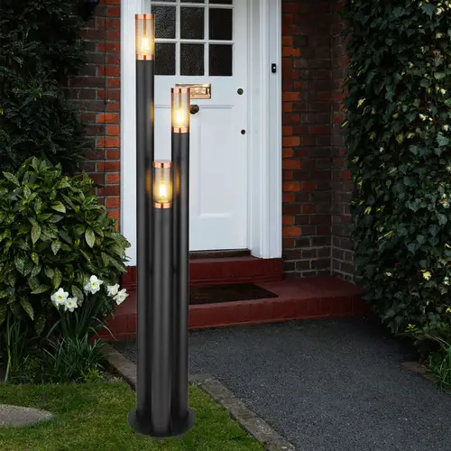 Standleuchte Wegeleuchten Außen Edelstahl Außenlampe Gartenleuchte schwarz, Kupfer rauchfarben, 3 Flammig E27, DxH 28 x 170 cm Standleuchte Wegeleuchten Außen Edelstahl Außenlampe Gartenleuchte schwarz, Kupfer rauchfarben, 3 Flammig E27, DxH 28 x 170 cm