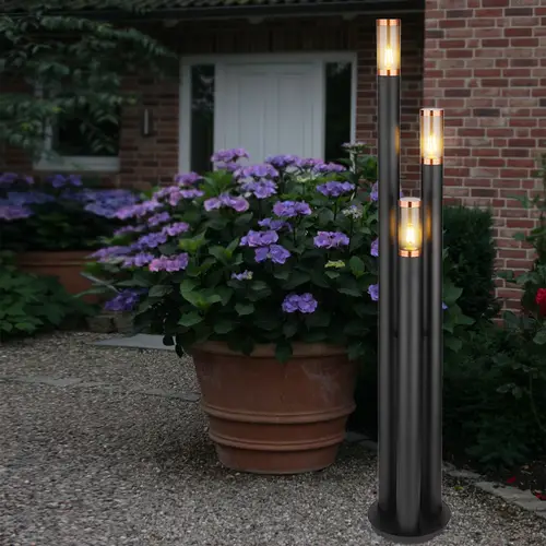 Standleuchte Wegeleuchten Außen Edelstahl Außenlampe Gartenleuchte schwarz, Kupfer rauchfarben, 3 Flammig E27, DxH 28 x 170 cm Standleuchte Wegeleuchten Außen Edelstahl Außenlampe Gartenleuchte schwarz, Kupfer rauchfarben, 3 Flammig E27, DxH 28 x 170 cm