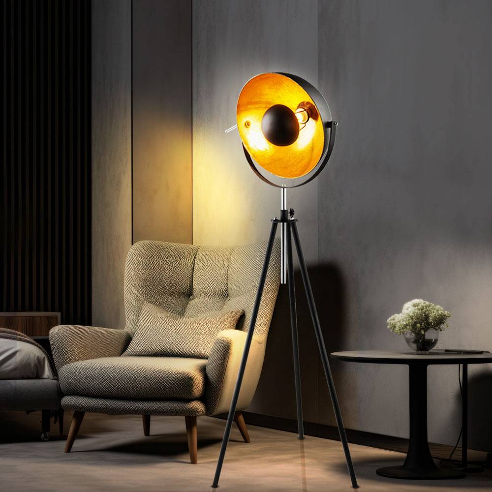 Standleuchte im Scheinwerfer Design robuste Stehlampe aus Metall Industrie Stil Stehleuchte, Metall, schwarz gold, 1x E27 Fassung, D 41 cm