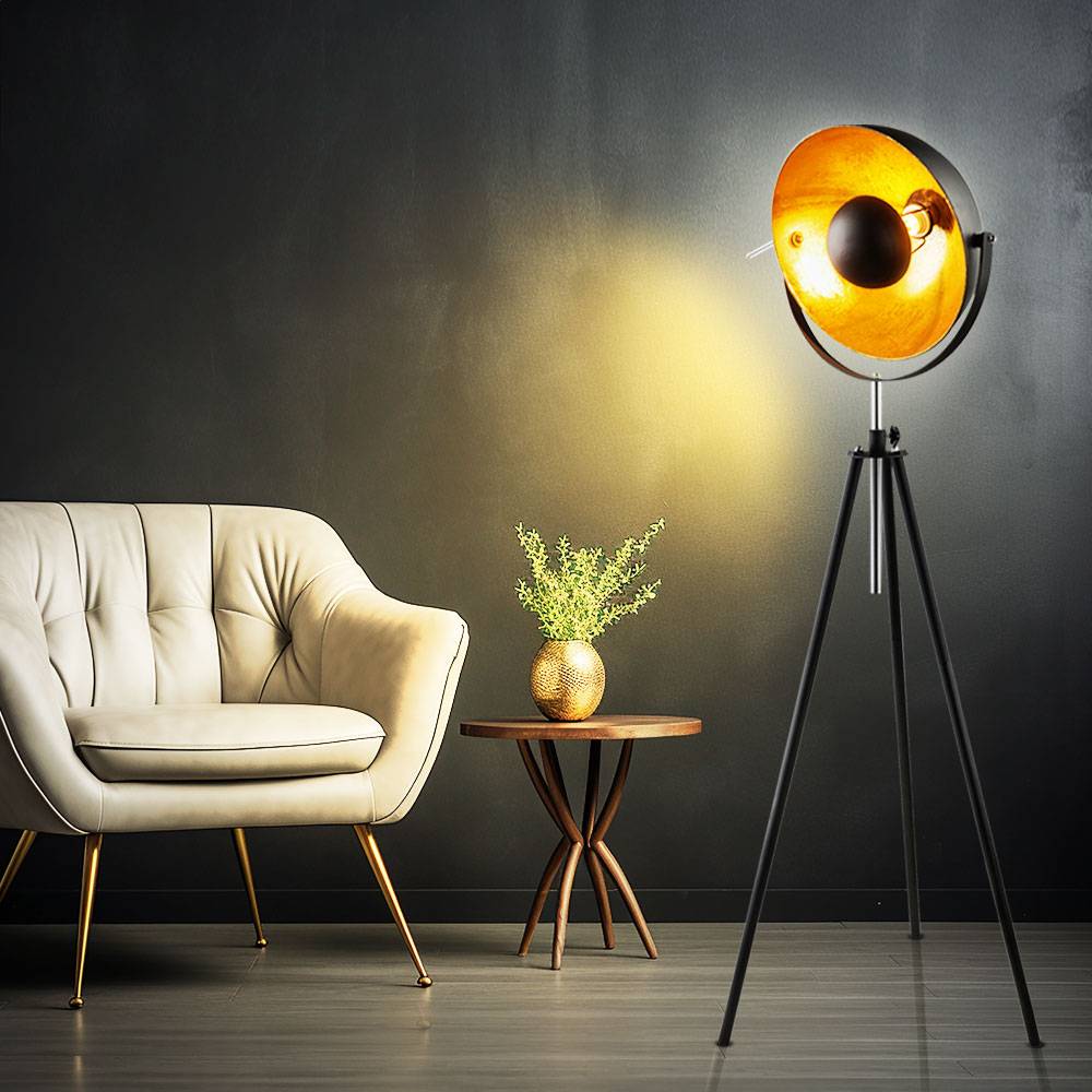 Standleuchte im Scheinwerfer Design robuste Stehlampe aus Metall Industrie Stil Stehleuchte, Metall, schwarz gold, 1x E27 Fassung, D 41 cm