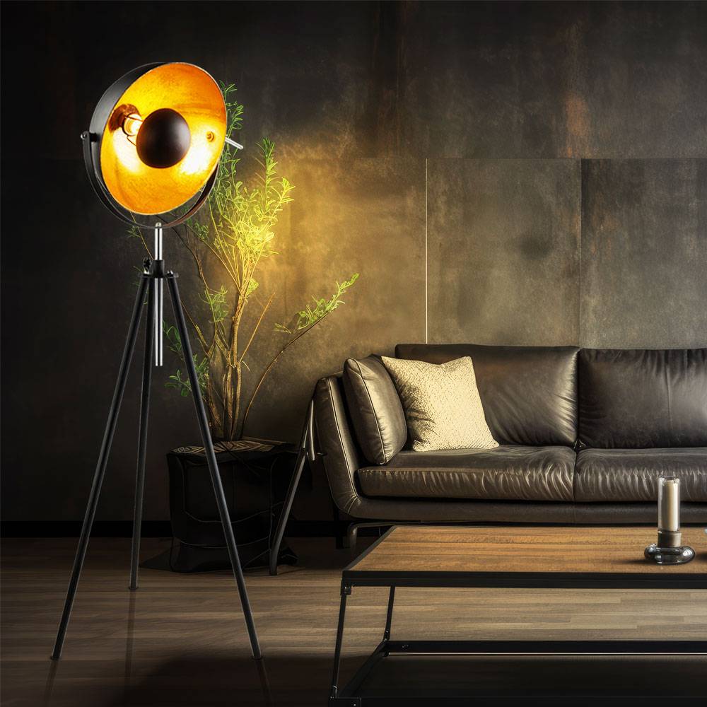Standleuchte im Scheinwerfer Design robuste Stehlampe aus Metall Industrie Stil Stehleuchte, Metall, schwarz gold, 1x E27 Fassung, D 41 cm
