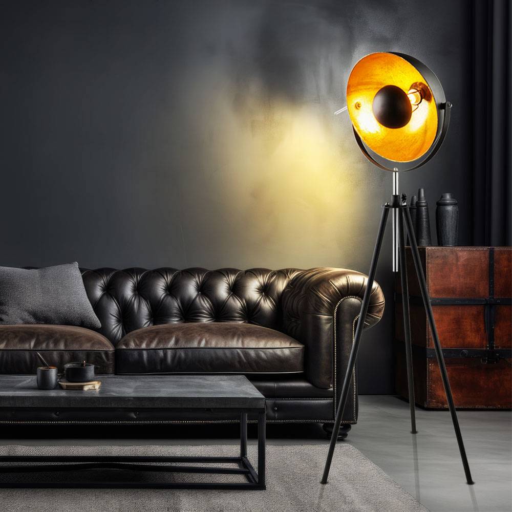 Standleuchte im Scheinwerfer Design robuste Stehlampe aus Metall Industrie Stil Stehleuchte, Metall, schwarz gold, 1x E27 Fassung, D 41 cm