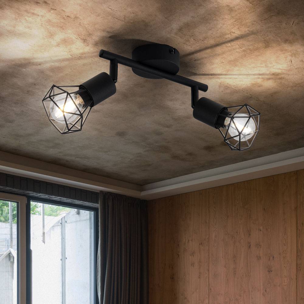 Deckenleuchte 2 Flammig schwarz Spotleuchte 2 Strahler Deckenlampe schwenkbar schwarz, Käfig Design Metall, 2x E14, LxBxH 22x8x18 cm