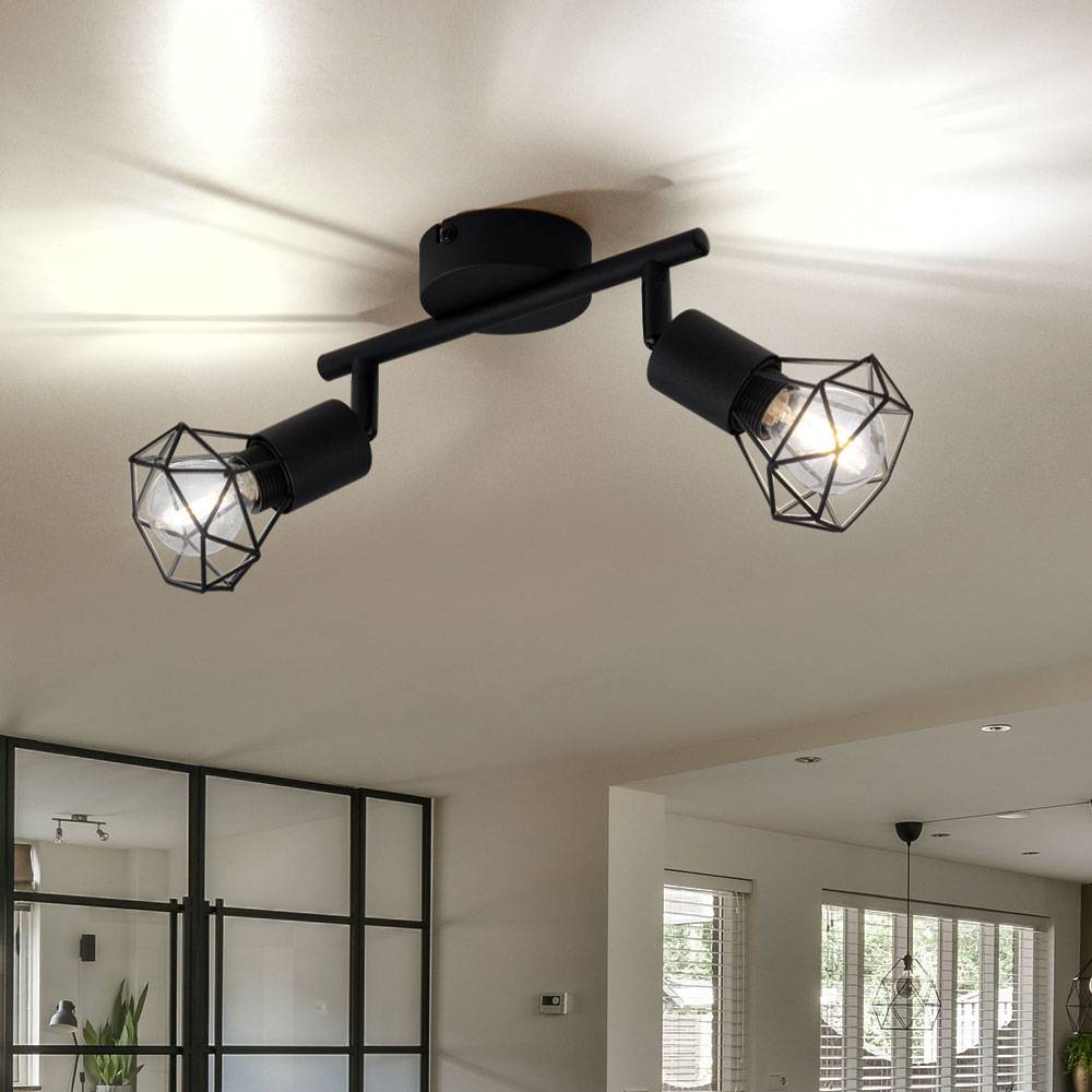 Deckenleuchte 2 Flammig schwarz Spotleuchte 2 Strahler Deckenlampe schwenkbar schwarz, Käfig Design Metall, 2x E14, LxBxH 22x8x18 cm