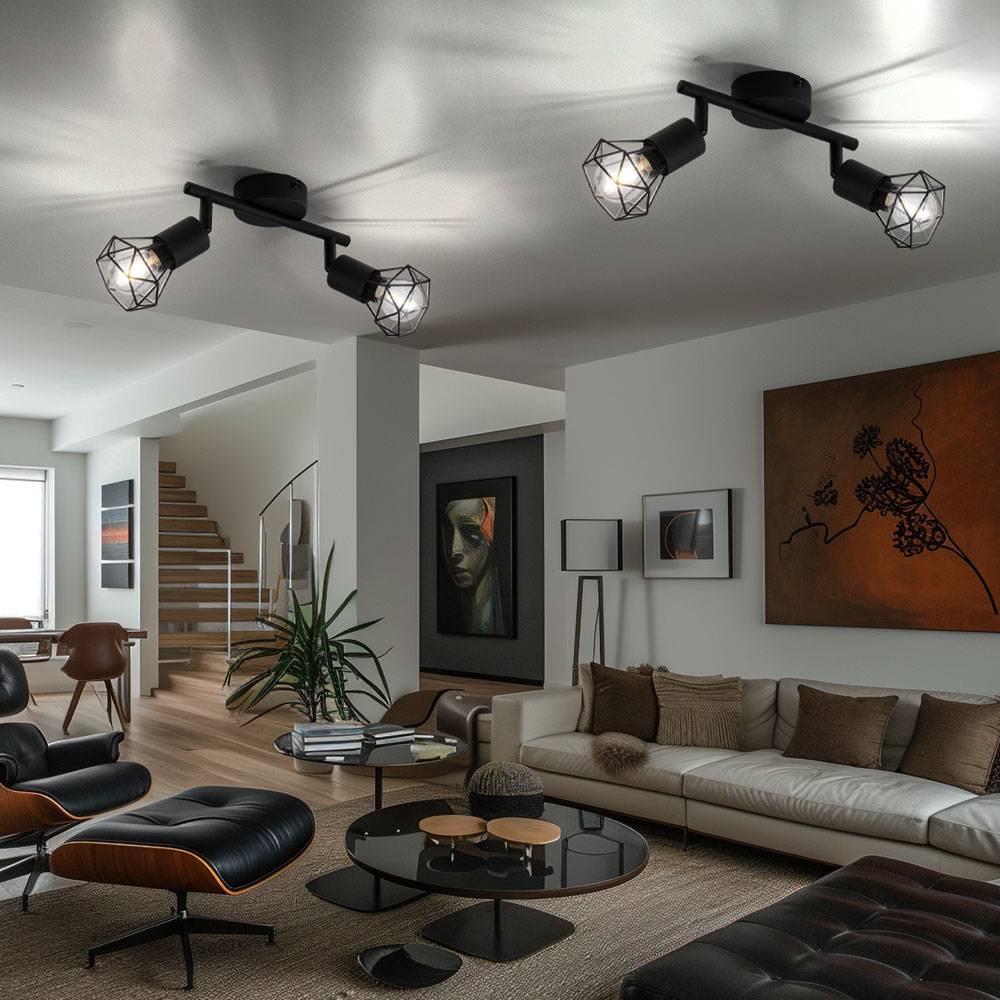 Deckenleuchte 2 Flammig schwarz Spotleuchte 2 Strahler Deckenlampe schwenkbar schwarz, Käfig Design Metall, 2x E14, LxBxH 22x8x18 cm