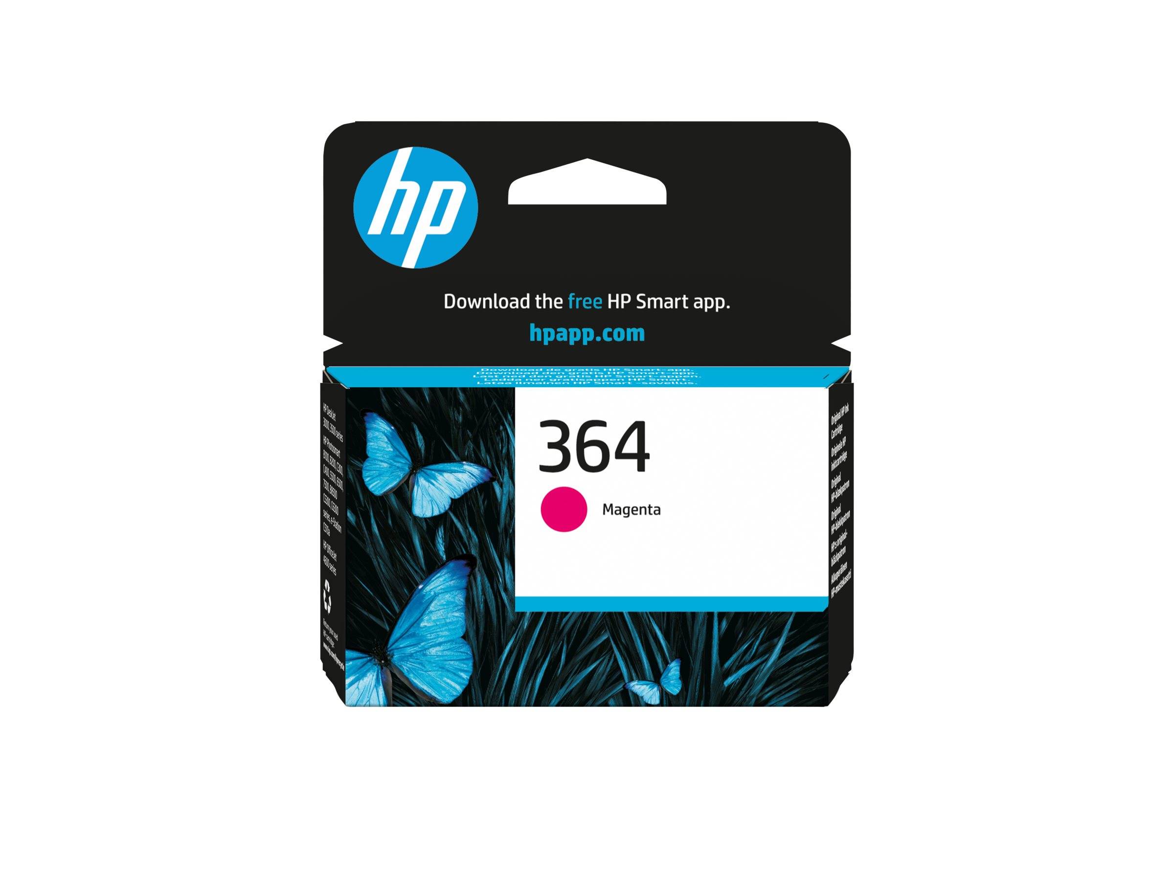 HP 364 Magenta-Tintenpatrone mit HP-Logo, Text „Laden Sie die kostenlose HP Smart-App herunter