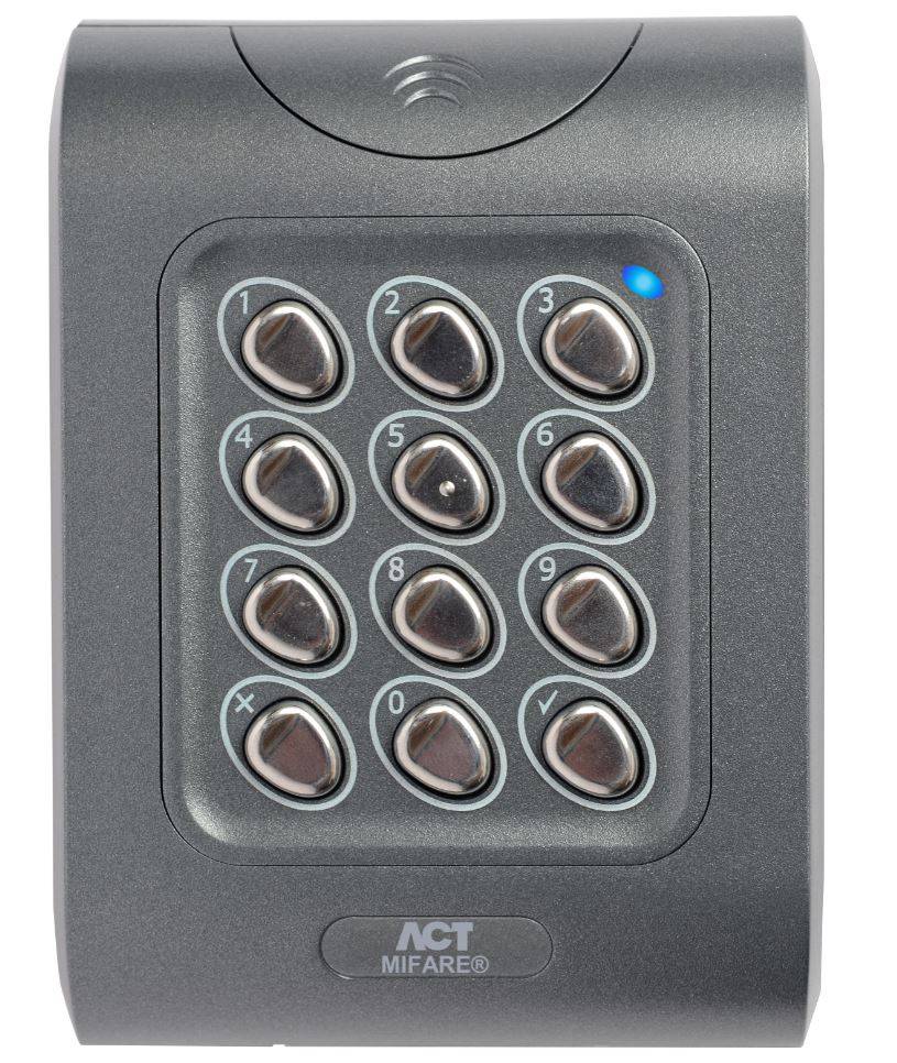 Graues ACT MIFARE Tastaturzugangsschutzgerät mit 12 nummerierten Tasten und blauem Statuslicht.