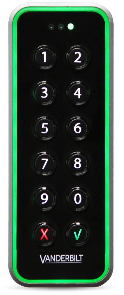 Vertikale Vanderbilt elektronische Tastatur mit beleuchteten Zahlentasten 1–9, 0, rotem X und grünem Häkchen für Zugangsfreigabe.