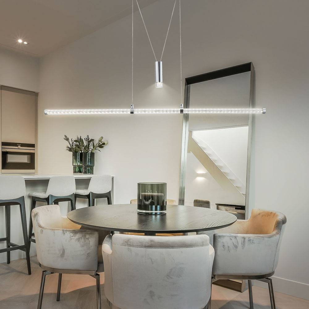 Pendelleuchte Pendellampe Zugpendel Esstischleuchte Höhenverstellbar 1 flammig LED, Chrom, Glas klar, 1x LED 18 W 1260lm, LxBxH 100x8x100-150 cm