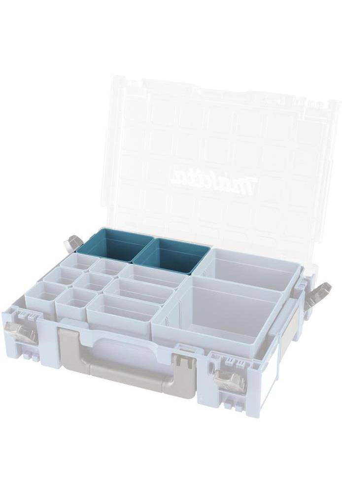 Offene Kunststoff-Organizer-Box mit verstellbaren Fächern und aufklappbarem Deckel, gezeigt auf weißem Hintergrund.
