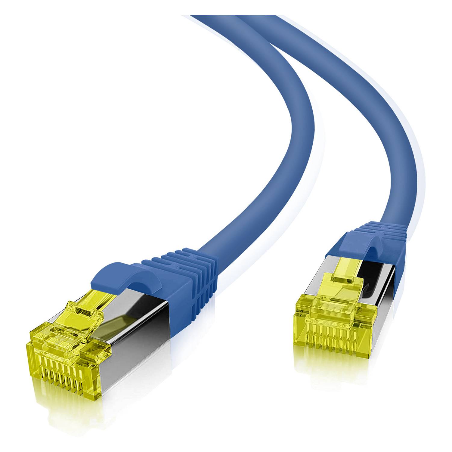 Zwei blaue Ethernet-Kabel mit gelben RJ45-Steckern auf weißem Hintergrund, die Netzwerkkabelenden zeigen, die zur Verbindung bereit sind.