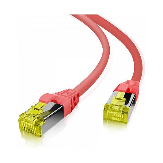 Zwei rote Ethernet-Kabel mit gelben RJ45-Steckern auf weißem Hintergrund.