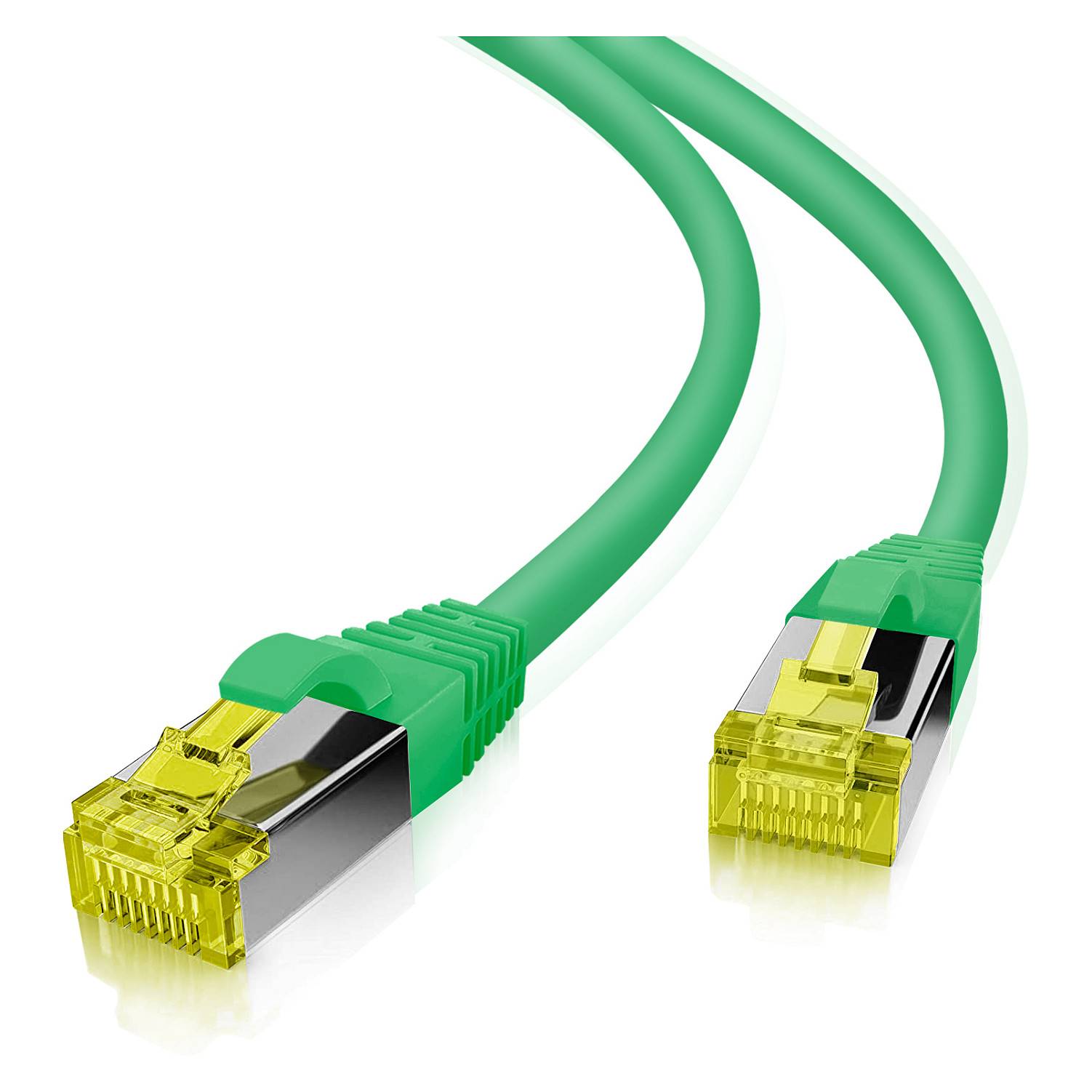 Zwei grüne Ethernet-Kabel mit gelben RJ45-Steckern auf weißem Hintergrund, dargestellt als detailliertes Produktbild.