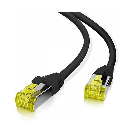 Zwei schwarze Ethernet-Kabel mit gelben RJ45-Steckern auf weißem Hintergrund dargestellt.