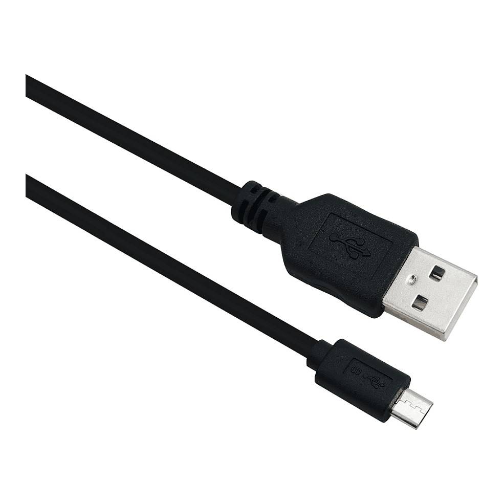Schwarzes USB-Kabel mit Standard-USB-A-Stecker auf der einen Seite und Micro-USB-Anschluss auf der anderen Seite, gezeigt auf weißem Hintergrund