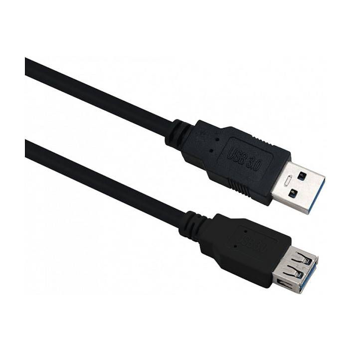 Schwarzes USB 3.0-Kabel mit USB-A-Stecker und USB-A-Buchse auf weißem Hintergrund.