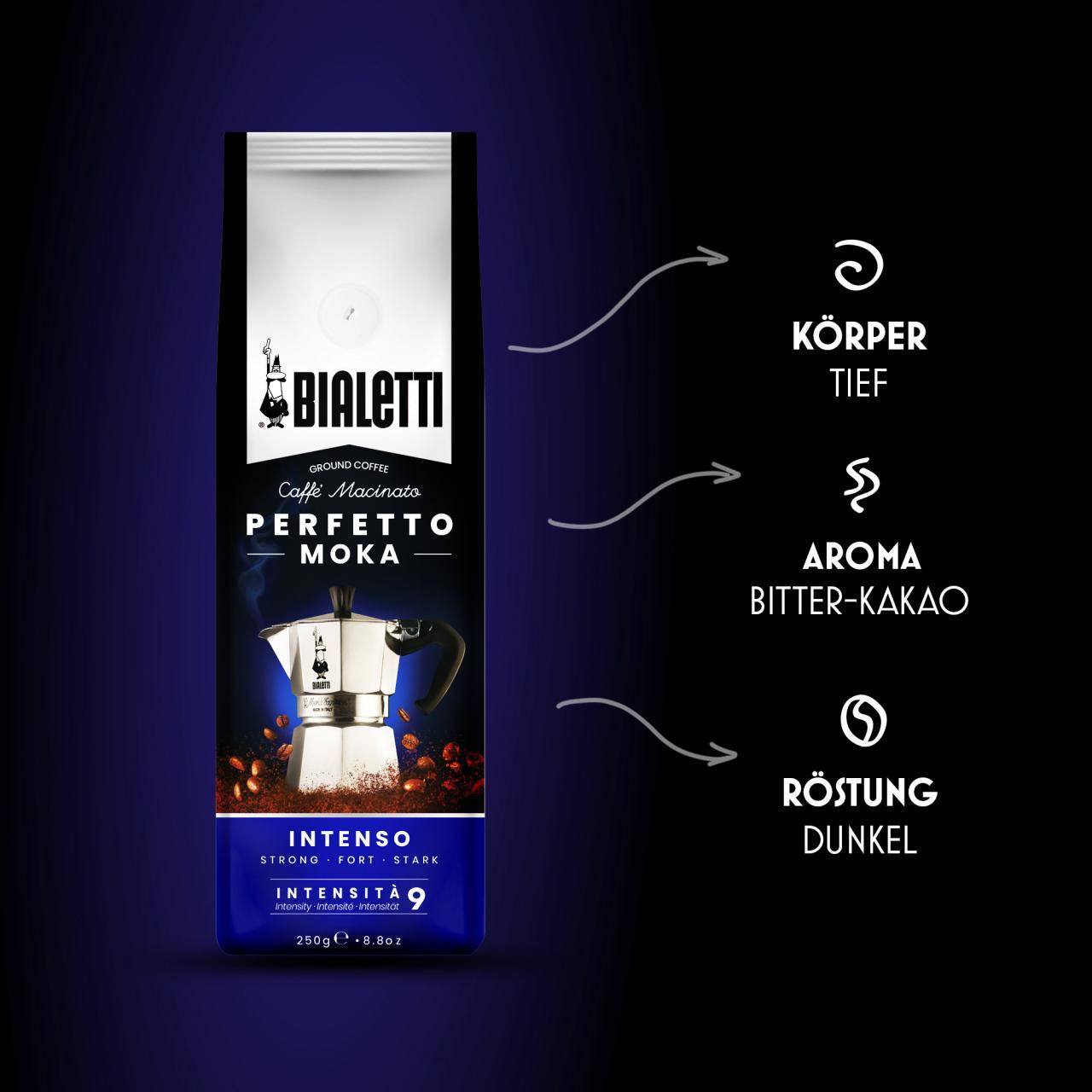 Bialetti Perfetto Moka Intenso, Kaffee gemahlen 250g Dunkel geröstete Kaffeemischung mit dem Geschmack nach geröstetem Brot und Kakao, 30% Arabica