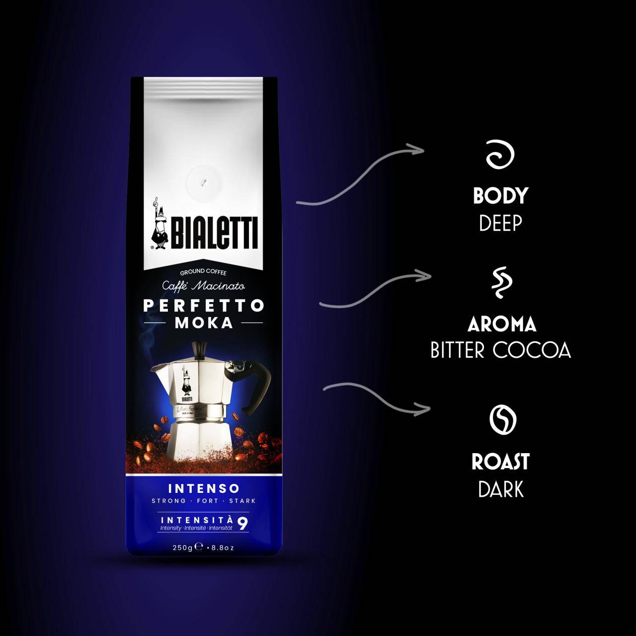Bialetti Perfetto Moka Intenso, Kaffee gemahlen 250g Dunkel geröstete Kaffeemischung mit dem Geschmack nach geröstetem Brot und Kakao, 30% Arabica