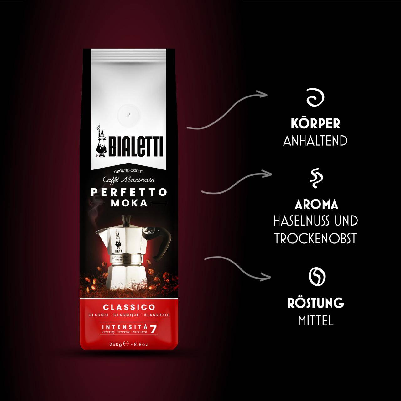 Bialetti Perfetto Moka Classico, Kaffee gemahlen 250g Sanfte aromatische Mischung mit süßen Noten von Blumen und getrockneten Früchten, mittlere