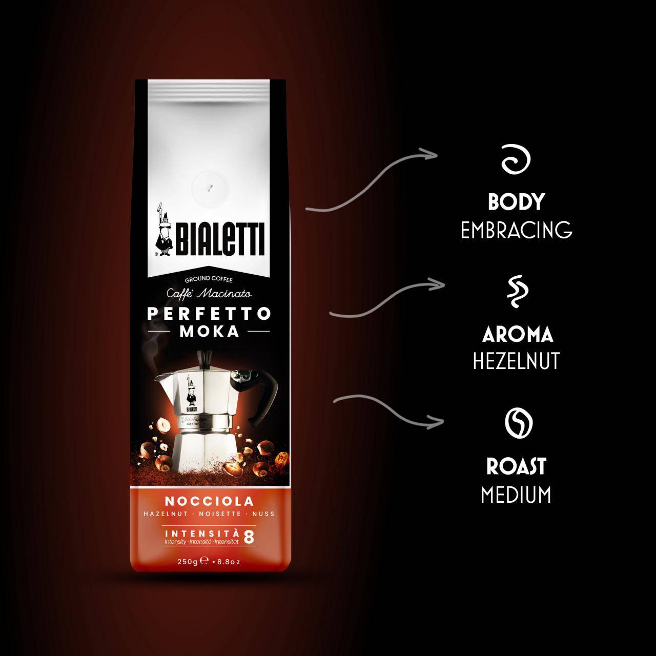 Bialetti Perfetto Moka Nocciola, Kaffee gemahlen 250g Gourmetkaffee mit Haselnuss-Aroma, mittlere Röstung, 20% Arabica, 80% Robusta, Intensität: