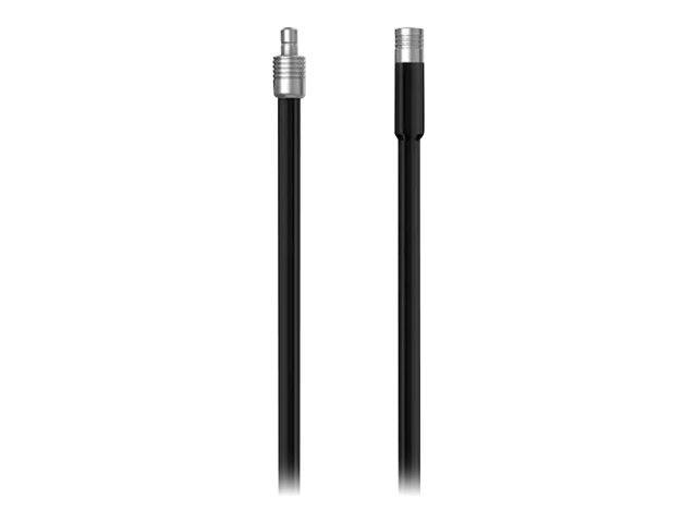 Zwei schwarze Kabelenden, die nebeneinander gezeigt werden: eines mit einem silbernen Gewinde-Stecker, das andere mit einer silbernen Kappe.