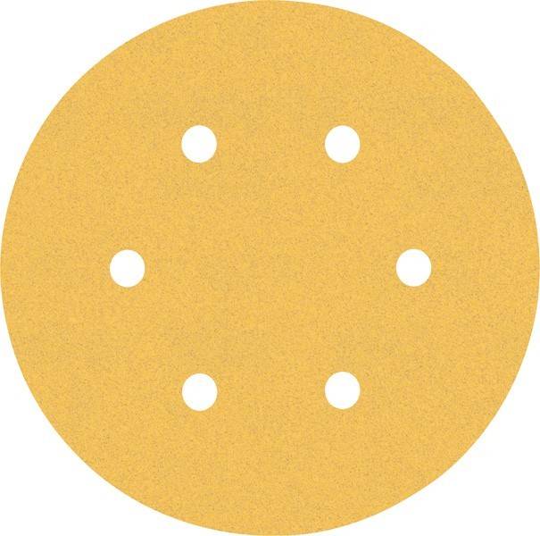 Eine runde, gelbe Schleifscheibe mit sechs gleichmäßig verteilten Löchern zur Staubabsaugung, die in Elektroschleifern zum Glätten von Oberflächen verwendet wird.