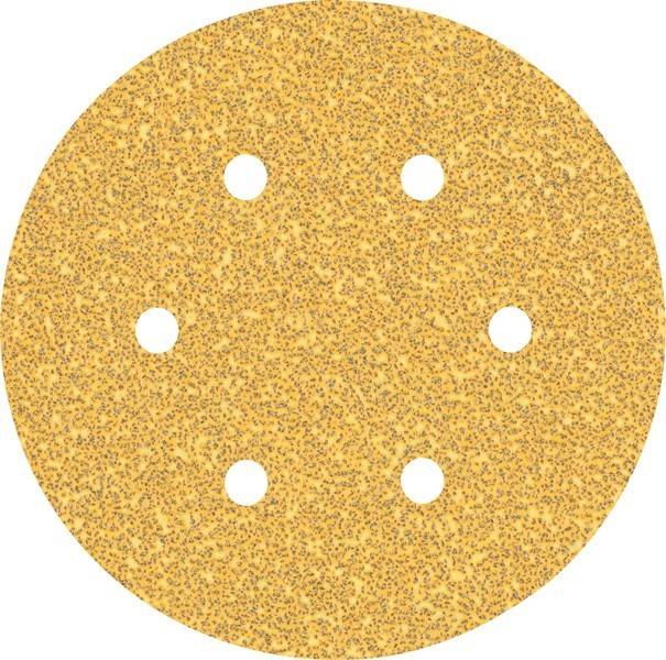 Eine runde, gelbe Schleifscheibe mit sechs gleichmäßig verteilten Löchern, die zum Glätten von Oberflächen mit Werkzeugen wie Exzenterschleifern verwendet wird.