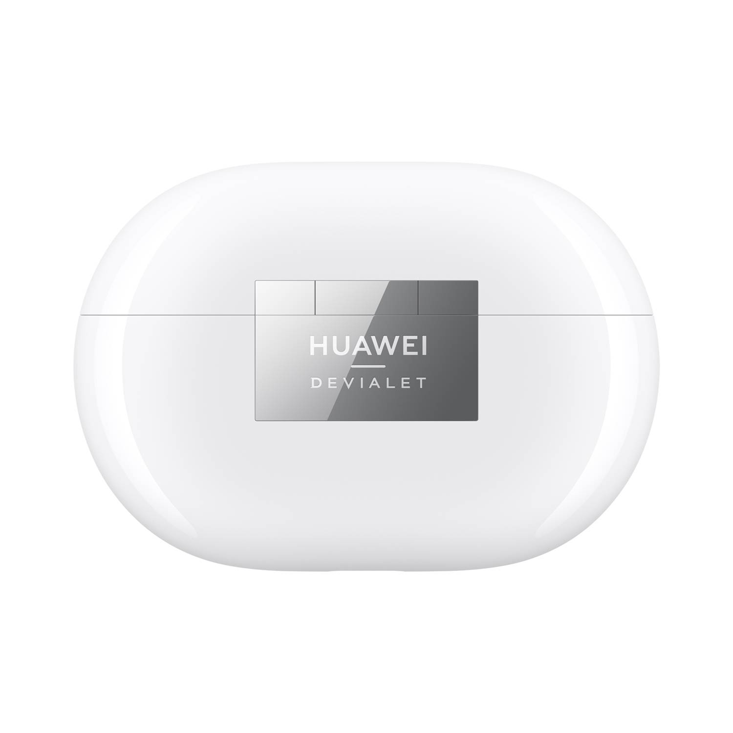 Weißes Huawei Devialet kabelloses Earbud-Ladeetui mit zentralem Logopanel, geschlossen auf weißem Hintergrund dargestellt.