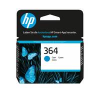 HP 364 Tintenpatrone mit blauen Schmetterlingen und HP-Logo, gekennzeichnet mit „Laden Sie die kostenlose HP Smart-App herunter. hpsmart.com" und „Cyan"