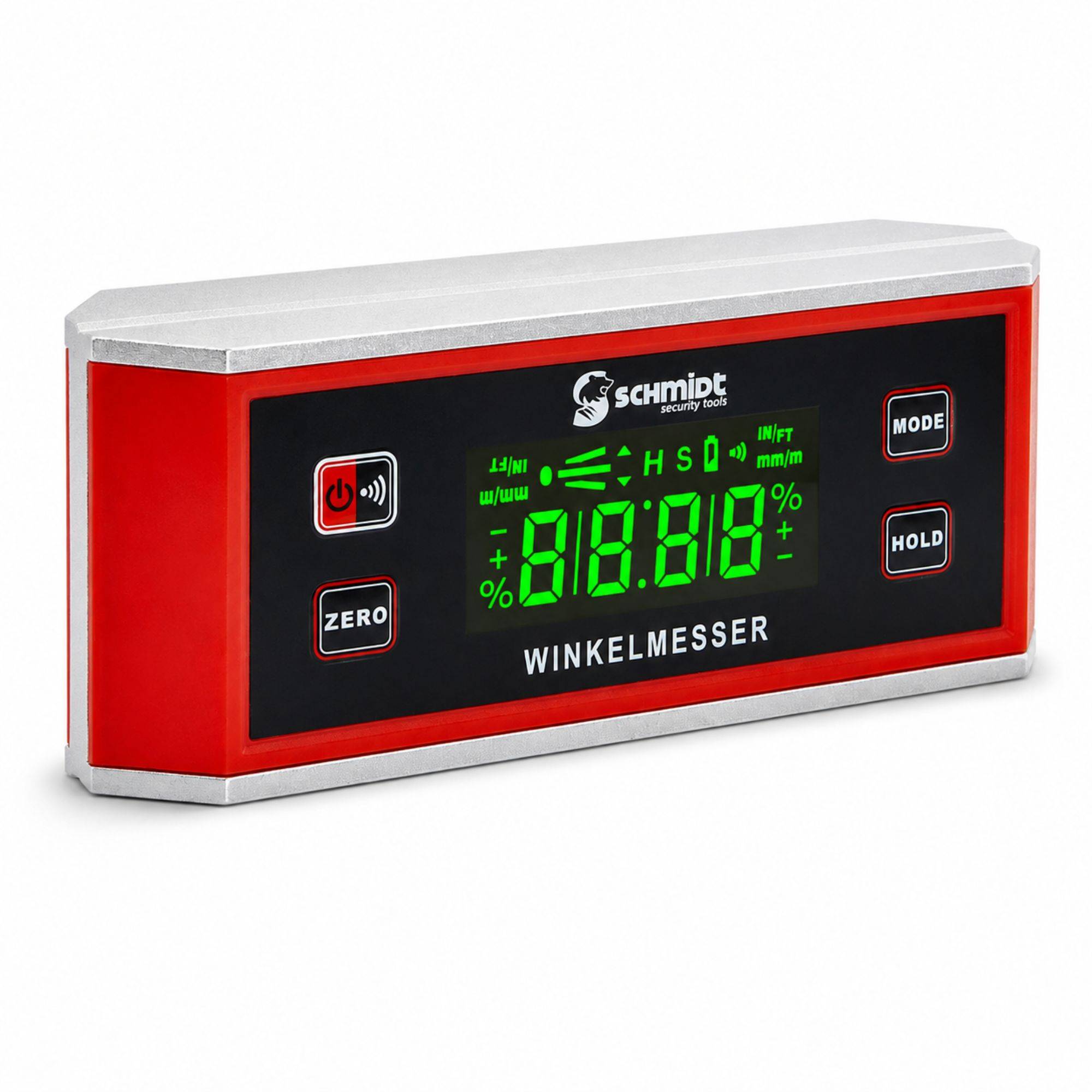 Digitales Winkelmessgerät mit grünem Display und Tasten für Stromversorgung, Nullpunkt, Modus und Halten, beschriftet mit „WINKELMESSER