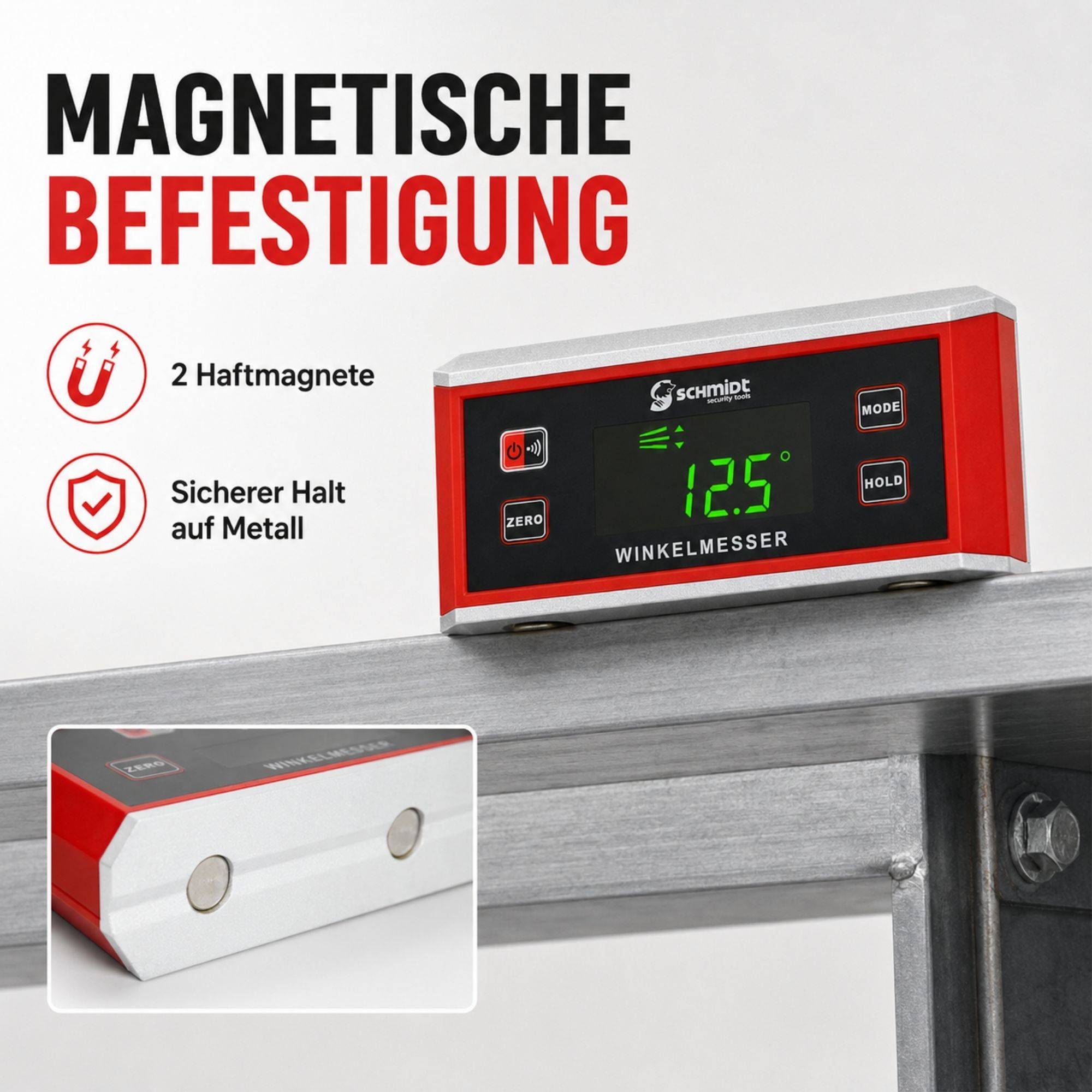 Magnetischer Winkelmesser mit Hafmagneten an einem Metallträger befestigt, zeigt 12,5°; Text hebt '2 Hafmagnete' und 'Sicherer Halt auf Metall' hervor.