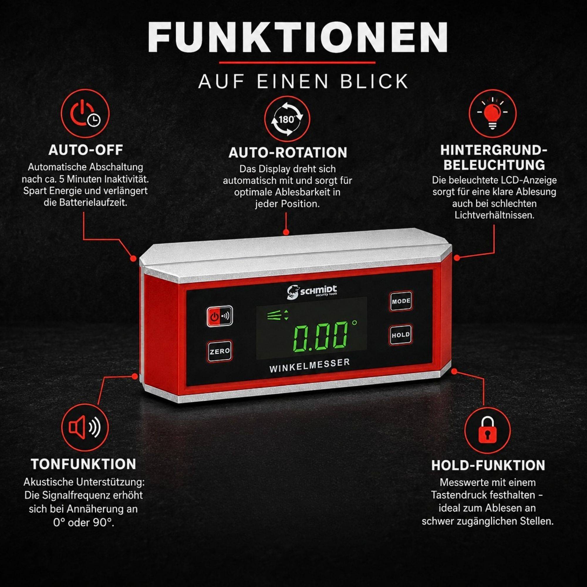 Infografik eines digitalen Winkelmessers, die Funktionen zeigt: Auto-Abschaltung, automatische Rotation, Hintergrundbeleuchtung, Ton und Hold-Funktion. Die Geräte-anzeige zeigt 0,0° und „WINKELMESSER