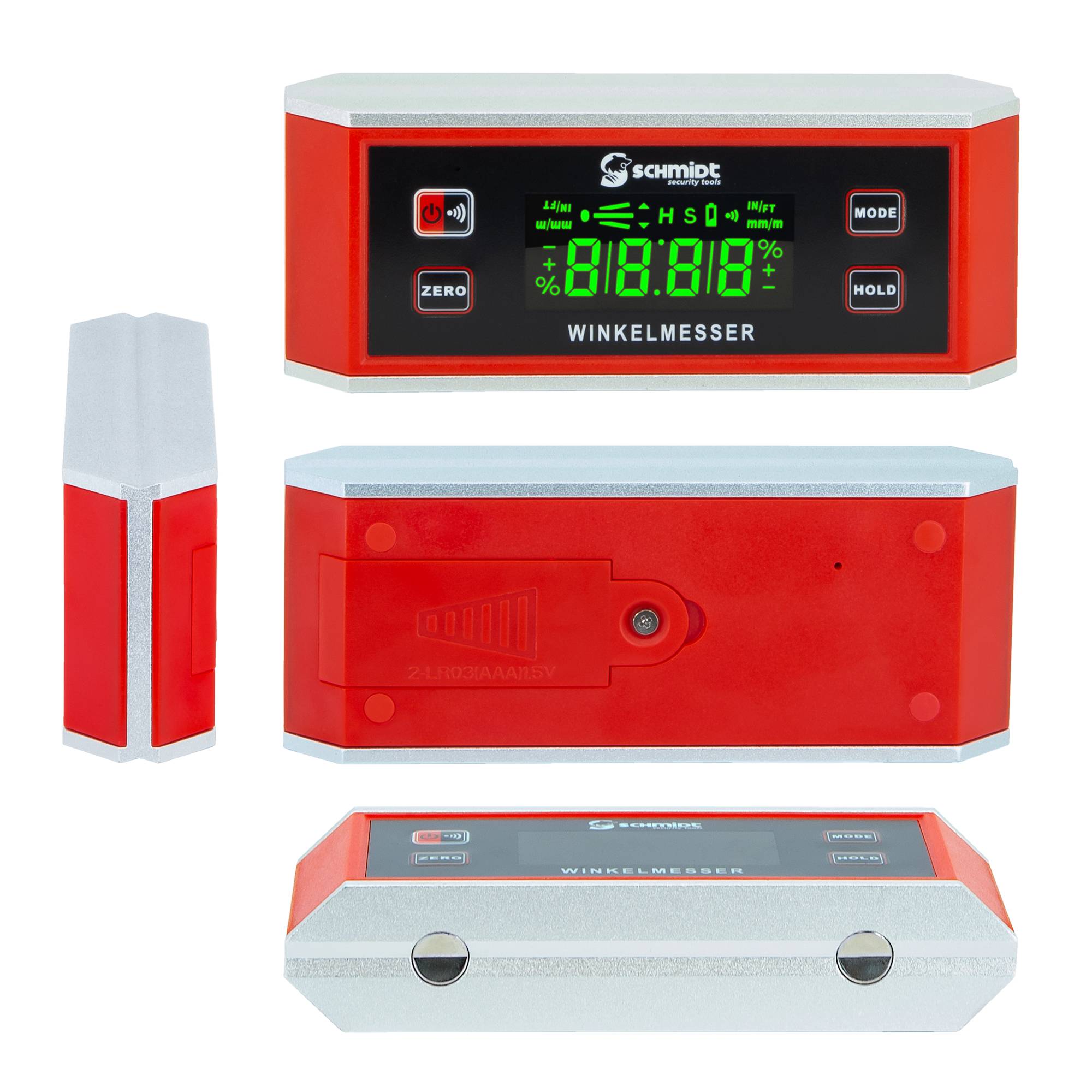 SCHMIDT security tools Digitaler Winkelmesser - LCD Display - magnetisch - Tonfunktion - Wasserdicht IP65 - Messbereich 90° - Gradmesser