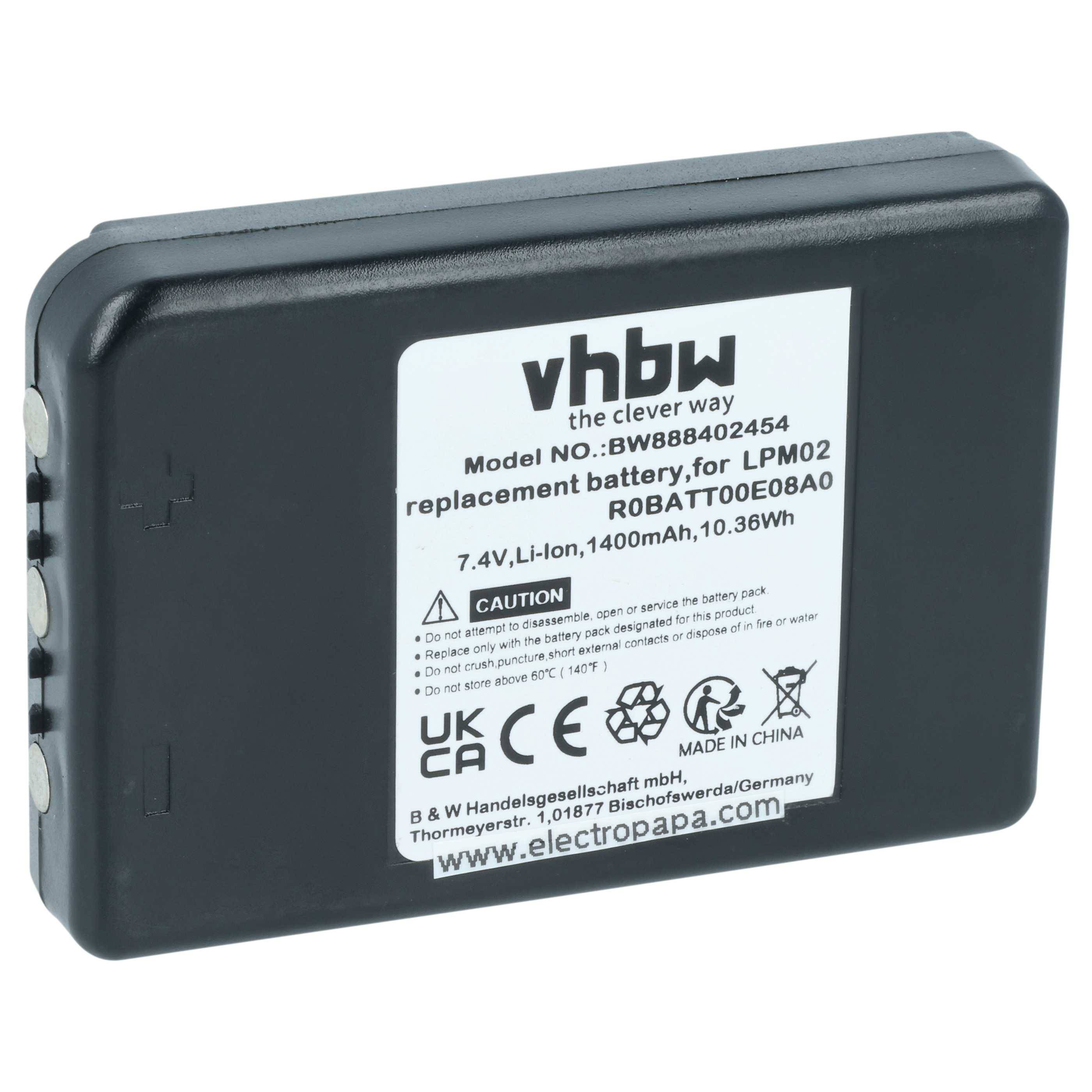 Eine wiederaufladbare Batterie mit der Bezeichnung 'vhbw', entwickelt als Ersatz für das Modell LPM02. Sie verfügt über eine Kapazität von 1400mAh und 10,36Wh.