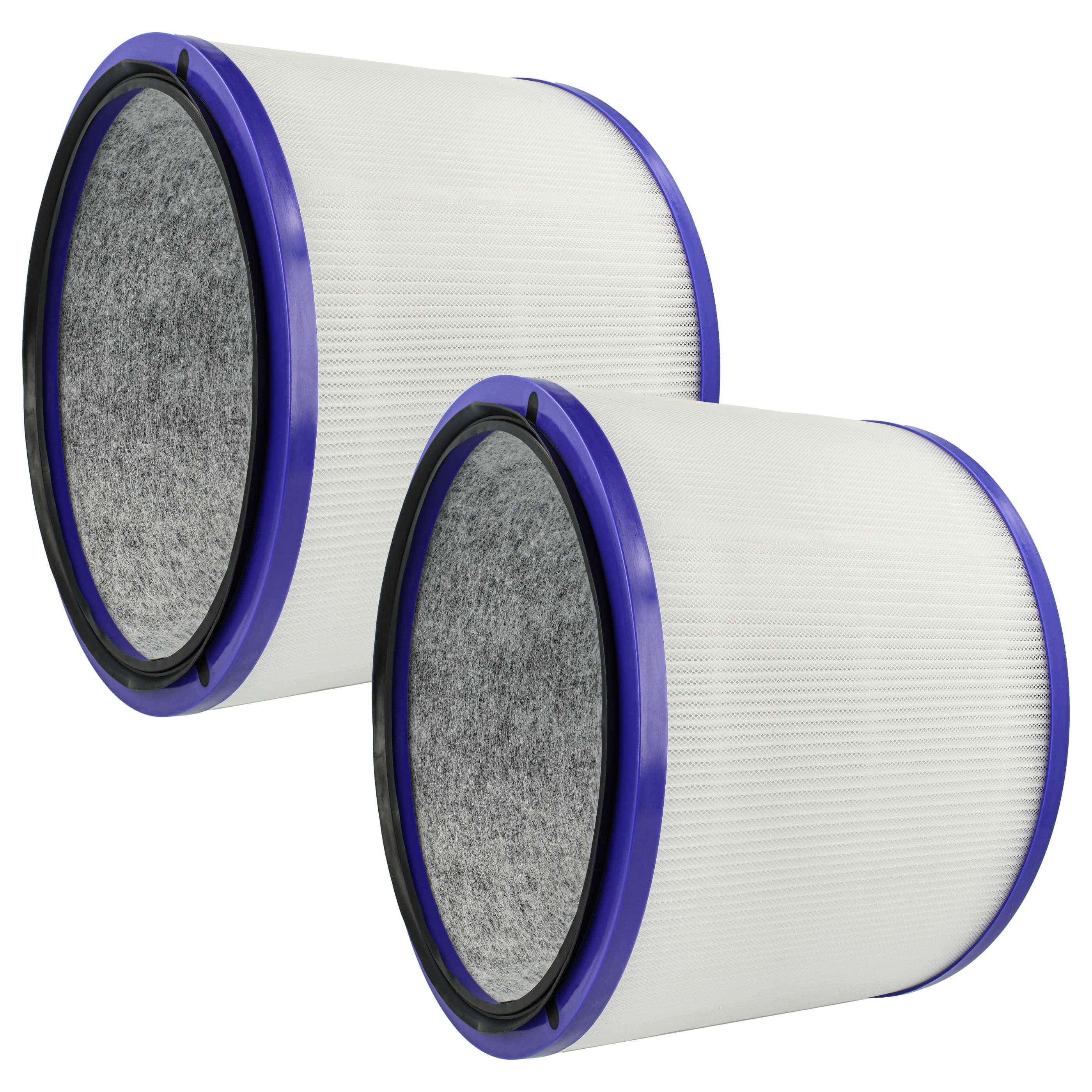 Zwei zylindrische Luftfilter mit lila Kanten, die weiße Außenflächen und graues Innenmaterial zeigen, vor einem einfachen Hintergrund.