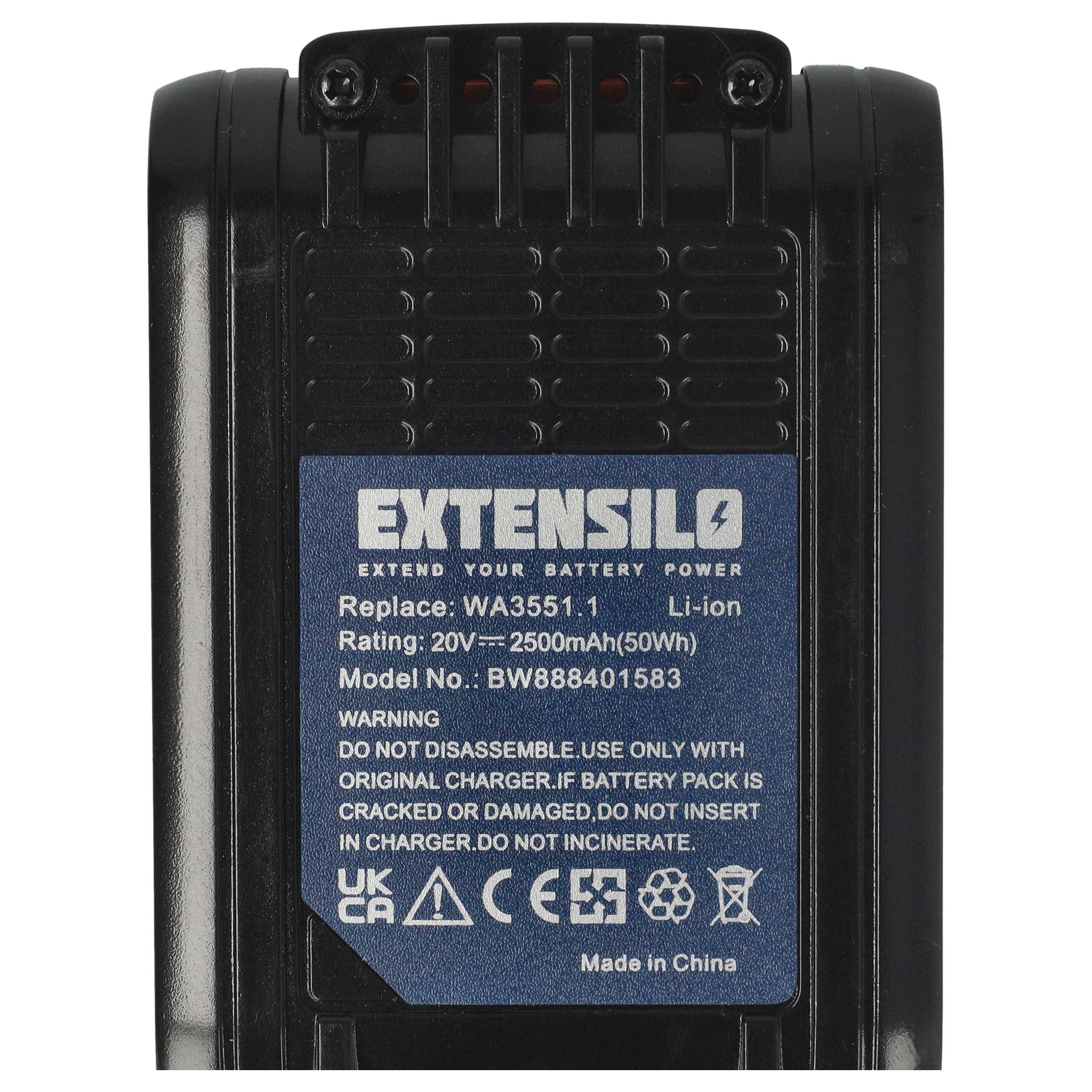 EXTENSILO Akku kompatibel mit Worx WX523.9, WX502.1, WX508, WX508.9, WX529, WX529.9, WX530, WX523 Elektrowerkzeug (2500 mAh, Li-Ion, 20 V)