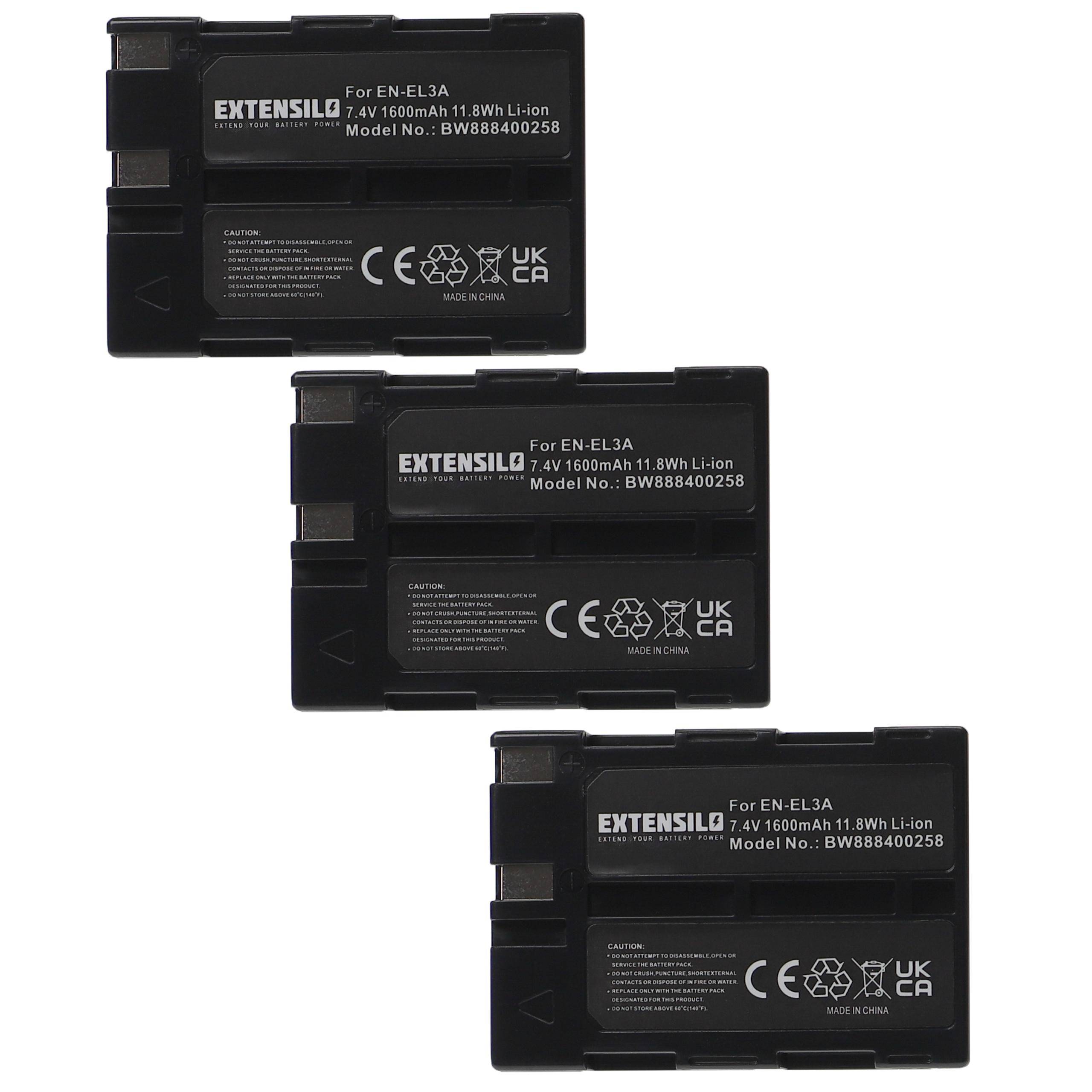 EXTENSILO 3x Akku Ersatz für Nikon EN-EL3, EN-EL3a für Kamera (1600 mAh, 7,4 V, Li-Ion)