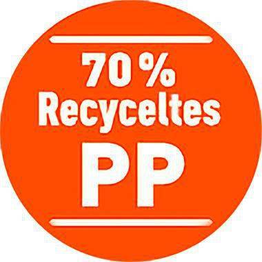 Oranges kreisförmiges Etikett mit weißem Text, auf dem „70% Recyclate