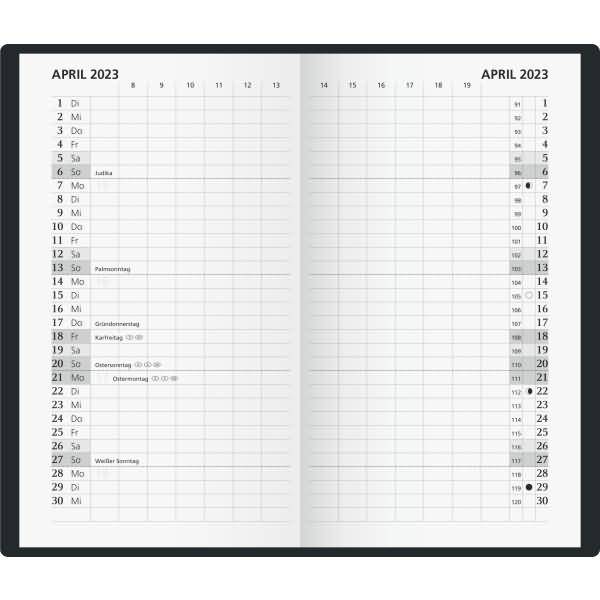 Taschenkalender 8,7x15,3cm 1 Monat/2 Seiten Kunststoff-Einband schwarz 2023