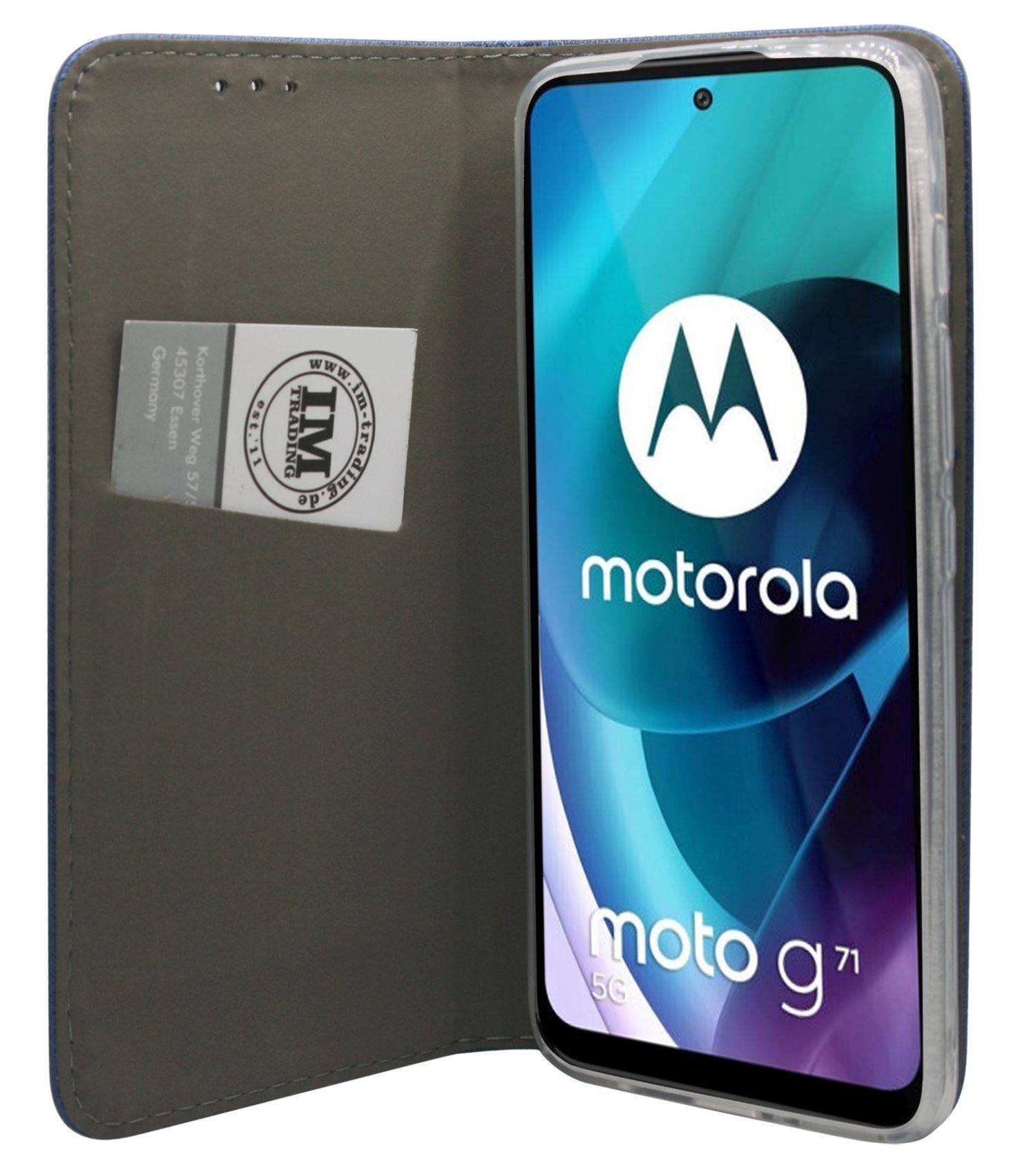 Buch-Tasche Hülle Smart Magnet kompatibel mit MOTOROLA MOTO G71 5G Leder Optik Wallet Book-Style Cover Schale in Blau