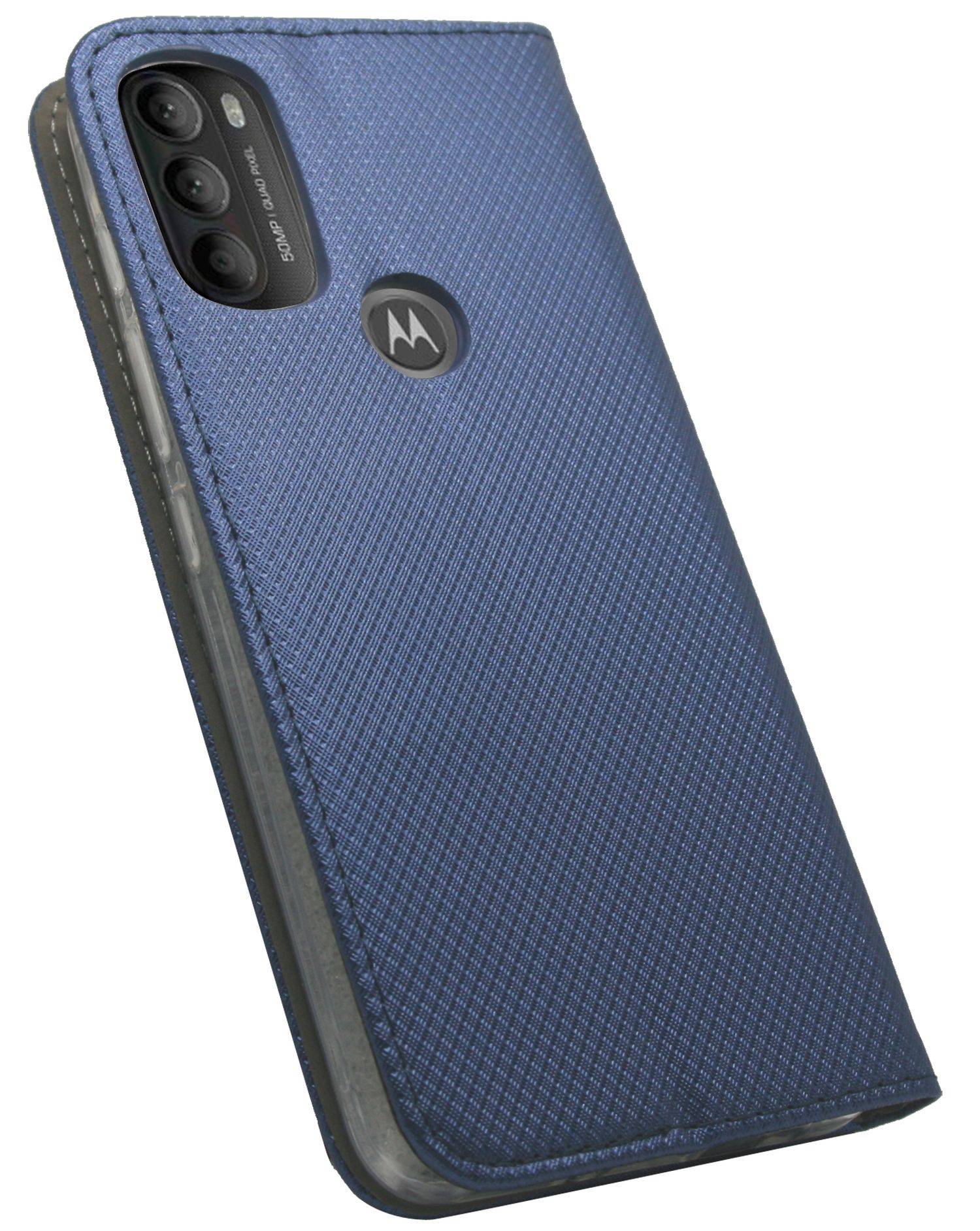 Buch-Tasche Hülle Smart Magnet kompatibel mit MOTOROLA MOTO G71 5G Leder Optik Wallet Book-Style Cover Schale in Blau