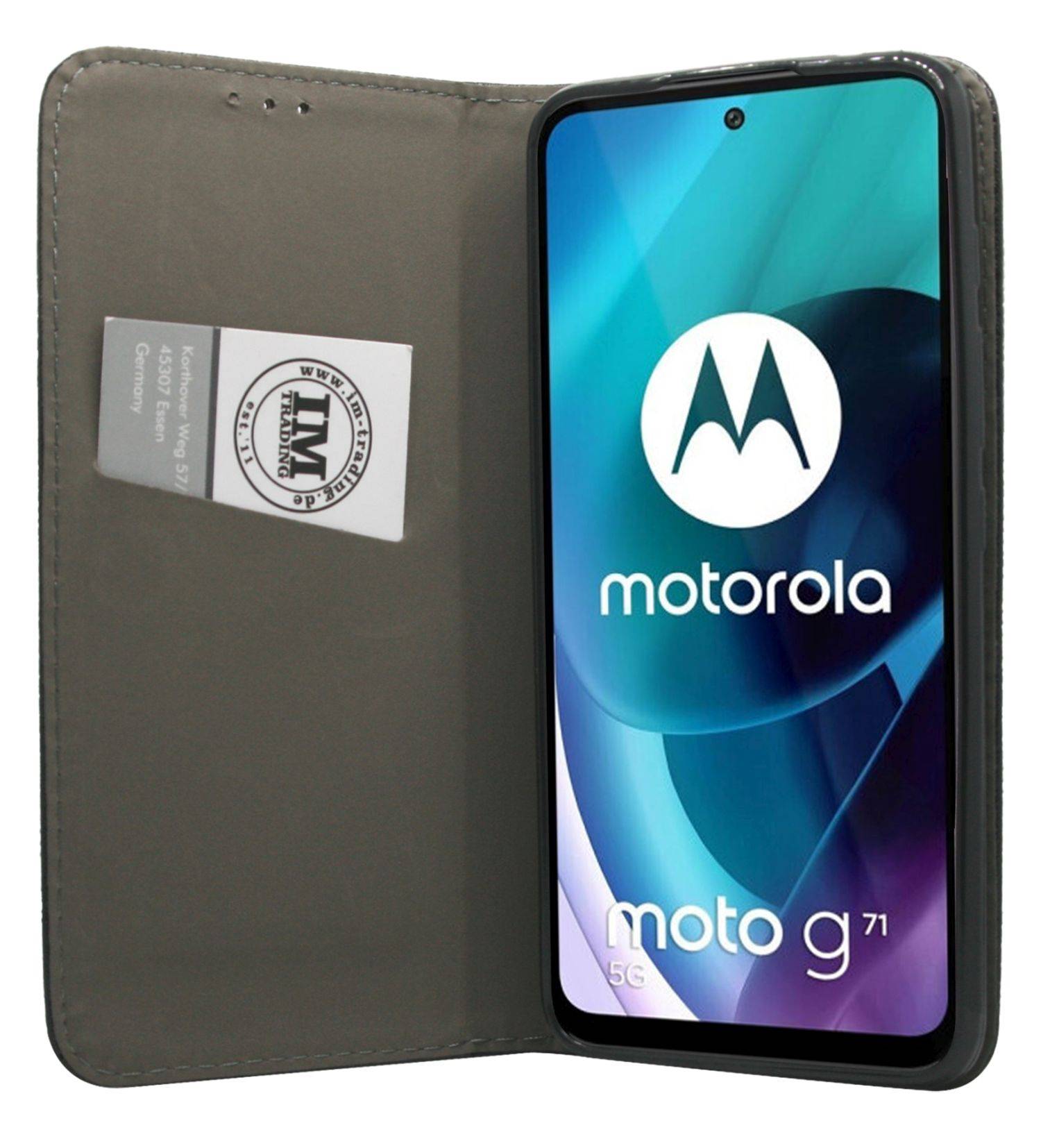 Buch-Tasche Hülle Smart Magnet kompatibel mit MOTOROLA MOTO G71 5G Leder Optik Wallet Book-Style Cover Schale in Schwarz